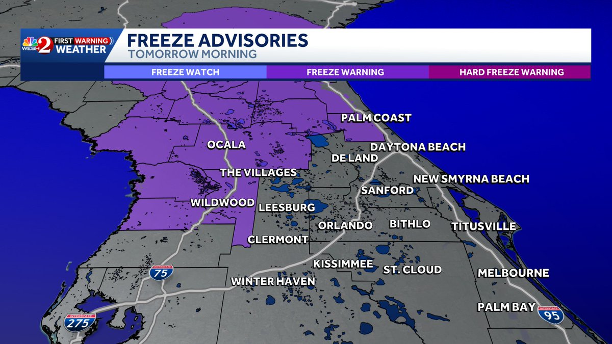 TMainolfiWESH's tweet image. **COLD WEATHER** Update: Another night of #freezing temperatures is expected across #Sumter #Marion and inland #Flagler counties. Lows will fall into the 29-32 degree range in these areas. Stay with #weshwx for updates.