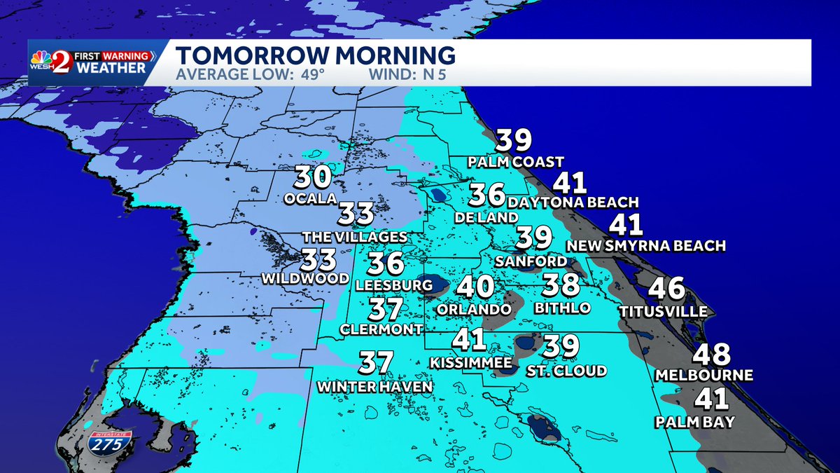 TMainolfiWESH's tweet image. **COLD WEATHER** Update: Another night of #freezing temperatures is expected across #Sumter #Marion and inland #Flagler counties. Lows will fall into the 29-32 degree range in these areas. Stay with #weshwx for updates.