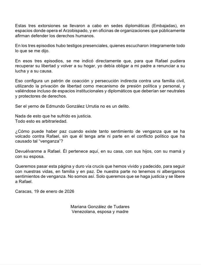 🚨ALARMANTE CARTA DE MARIANA GONZÁLES DE TUDARES🚨

Si esto le pasa a la hija del presidente electo de Venezuela ¿se imaginan el nivel de extorsión y amenaza que sufren familiares que no pueden denunciar porque los encarcelan o desaparecen?

HAY QUE ERRADICAR LA DELINCUENCIA