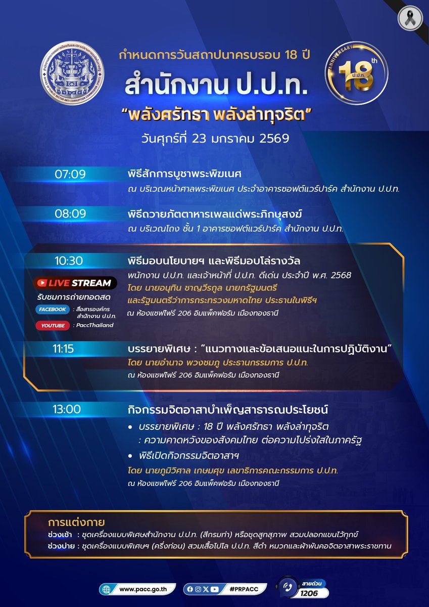 📣 ขอเชิญรับชมการถ่ายทอดสด

⏩พิธีเปิดและมอบโล่รางวัลพนักงานและเจ้าหน้าที่ ป.ป.ท. ดีเด่น ประจำปี พ.ศ. 2568 เนื่องในโอกาสวันคล้ายวันสถาปนาครบรอบ 18 ปี สำนักงาน ป.ป.ท. ภายใต้แนวคิด “พลังศรัทธา พลังล่าทุจริต”

⏺โดยมีนายอนุทิน ชาญวีรกูล นายกรัฐมนตรี  เป็นประธาน