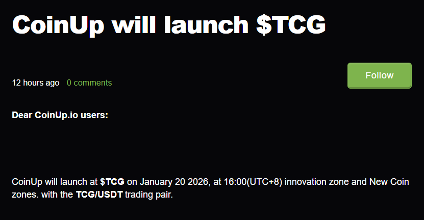 CoinHelper777's tweet photo. Officially announce that TCG will be listed in COINUP Exchange

@tcg_trion @CoinUpOfficials https://t.co/08VjsgTdg2