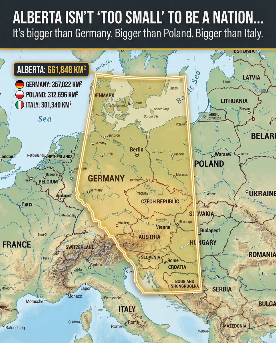 RiseOfAlberta's tweet image. Alberta isn’t “too small” to be a nation.

Alberta (~661,848 km²) is larger than:

Germany (~357k)
Poland (~313k)
Italy (~301k)
United Kingdom (~244k)
Japan (~378k)

Size was never the problem.