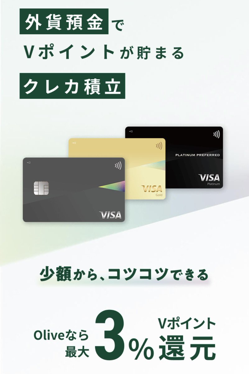 三井住友銀行の外貨クレカ積立💳🪙 Oliveプラチナプリファードで最大3%還元、三井住友カード発行の一般、ゴールドカードは0.5%還元です💡  外貨積立でポイント還元は魅力的ですが、私はこれを利用するよりSP500、オルカンの投信購入を優先します🤔  https://t.co/HbO2ltOHUl