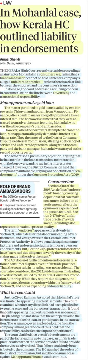 imRavikantYadav's tweet image. In Mohanlal case,how Kerala HC outlined liability in endorsements

:Details by Ms Amaal Sheikh
@AmaalSheikh5 

#Endorsement #Endorser #Liability
#KeralaHighCourt #Mohanlal
#MannapuramFinance #brandambassador
#advertising #TransactionalResponsibility
#ConsumerProtection

#UPSC