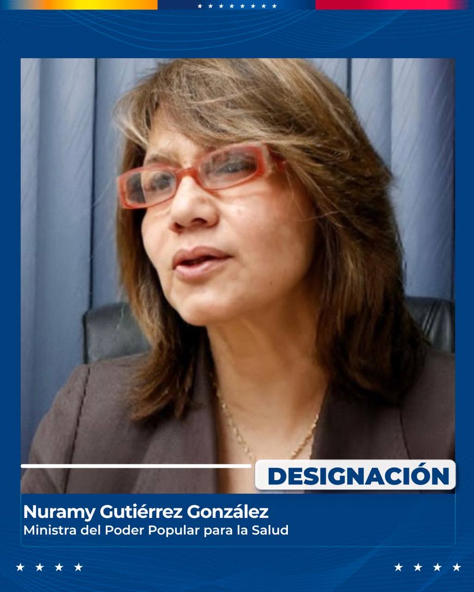 Informo al país que he designado a la doctora Nuramy Josefa Gutiérrez González, como nueva ministra del Poder Popular para la Salud. Esta profesional venezolana ha dedicado su vida a este sector, profundizará las políticas de atención y protección sanitaria dirigidas al pueblo.