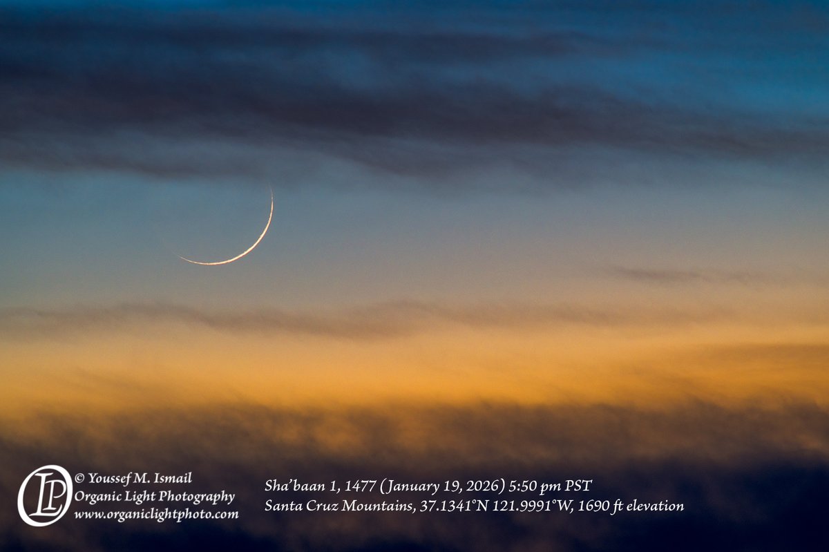 Crescentwatch's tweet photo. New moon of Sha'ban sighted Mon. night (first 'day' Tue.)
https://t.co/fLa6pspmOH
======================

Crescentwatch has received reliable reports that the new crescent moon (hilal) of Sha'ban was sighted on Monday evening (Jan. 19th) by experienced moon-sighters by naked-eye in Virginia, Georgia, Florida, Texas, Arizona, Nevada, California and other locations across North America.

This marks the beginning of the Islamic month of Sha'ban 1447 AH, with its first day occurring on Tuesday, January 20th.

May Allah make this month a source of benefit, enrichment, and closeness to Allah, Most High.

Crescentwatch adheres to the traditional principle that Islamic lunar months begin and end based on the confirmed, naked-eye sighting of the new crescent moon.

More info at https://t.co/fLa6pspmOH
======================

#hilal #shaban  #moonsighting