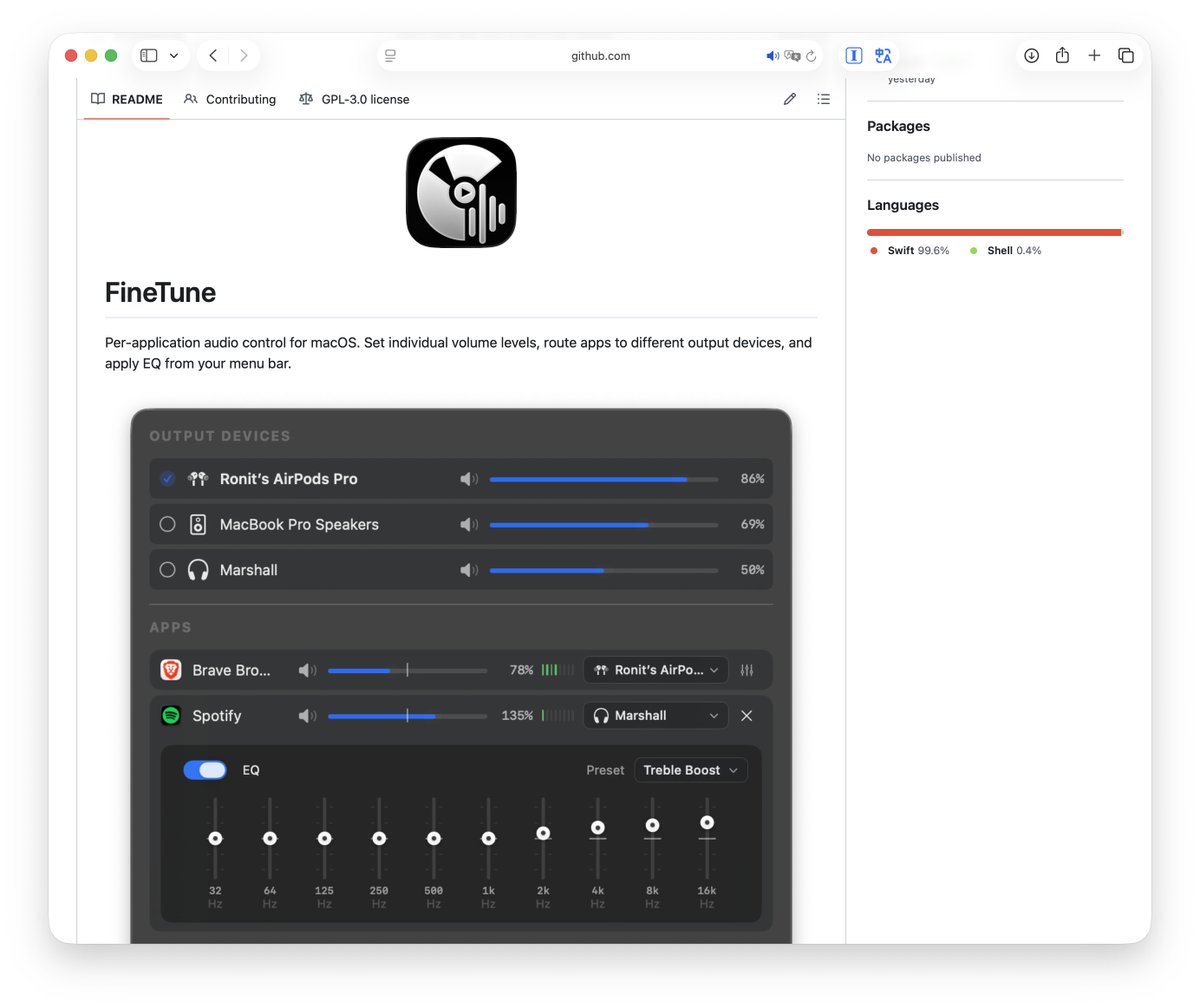 这个不错 Mac 开源免费的混音软件，Mac 没有指定 App 输出不同播放设备的功能，有了这个就方便多了。App 叫 FineTune 还是第一个版本，已经挺好用了。github.com/ronitsingh10/F…