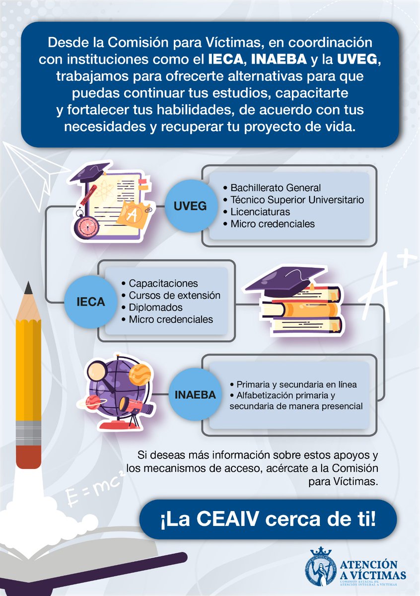 ceaivgente's tweet photo. Desde la #CEAIV trabajamos de la mano con @SoyINAEBA, @IECAGente y @UVEGonline para que puedas continuar tus estudios o recibir capacitación, de acuerdo con las modalidades, tiempos y procesos de cada institución. 📚✏️

#GobiernoDeLaGente https://t.co/J8A5dPkHyI