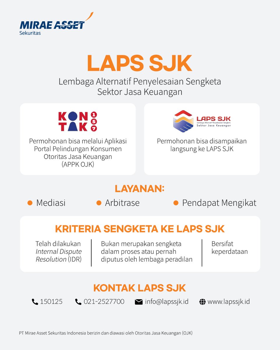Kalau kamu mengalami kendala dalam investasi dan belum tahu harus ke mana,
ada jalur resmi dan legal yang bisa digunakan, yaitu LAPS SJK.

LAPS SJK adalah lembaga penyelesaian sengketa di sektor jasa keuangan,
yang dapat ditempuh setelah proses penyelesaian internal dilakukan.