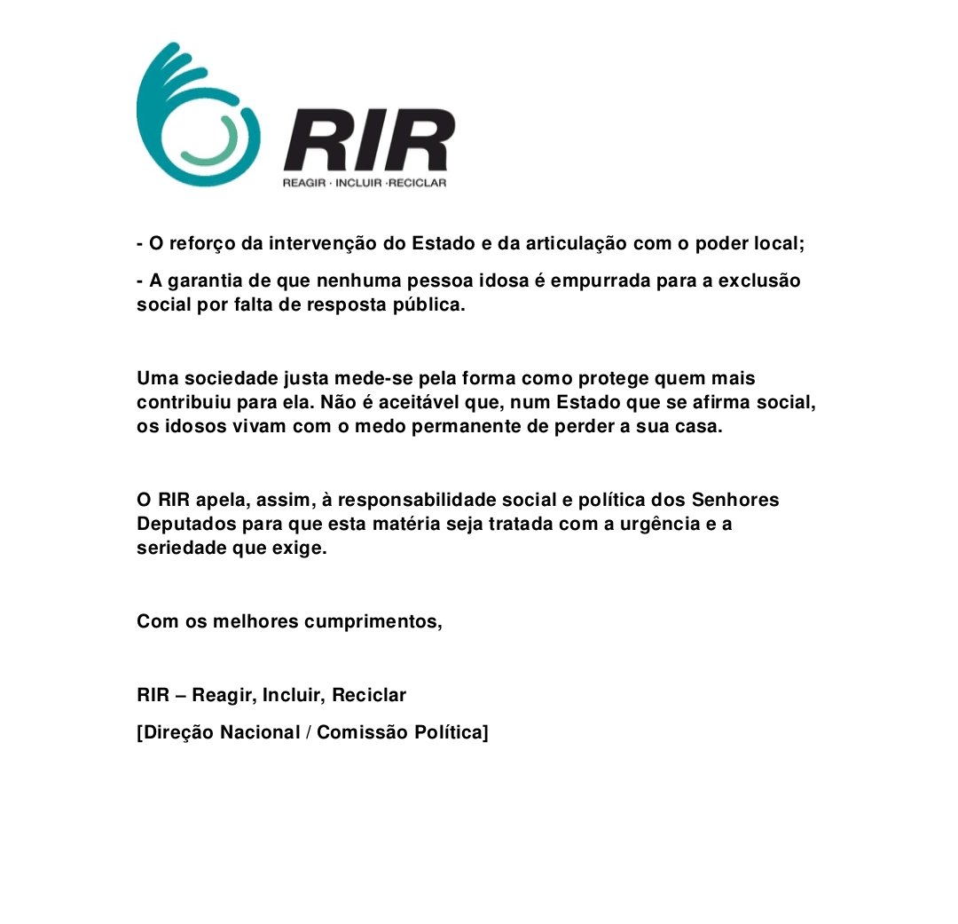 Hoje o RIR enviou a todos os partidos com assento parlamentar esta carta.
É urgente olhar para o problema dos mais velhos no que toca à habitação.
Há muitos reformados que não conseguem pagar uma renda actual e estão a ser empurrados para situações dramáticas.
Quem irá responder?