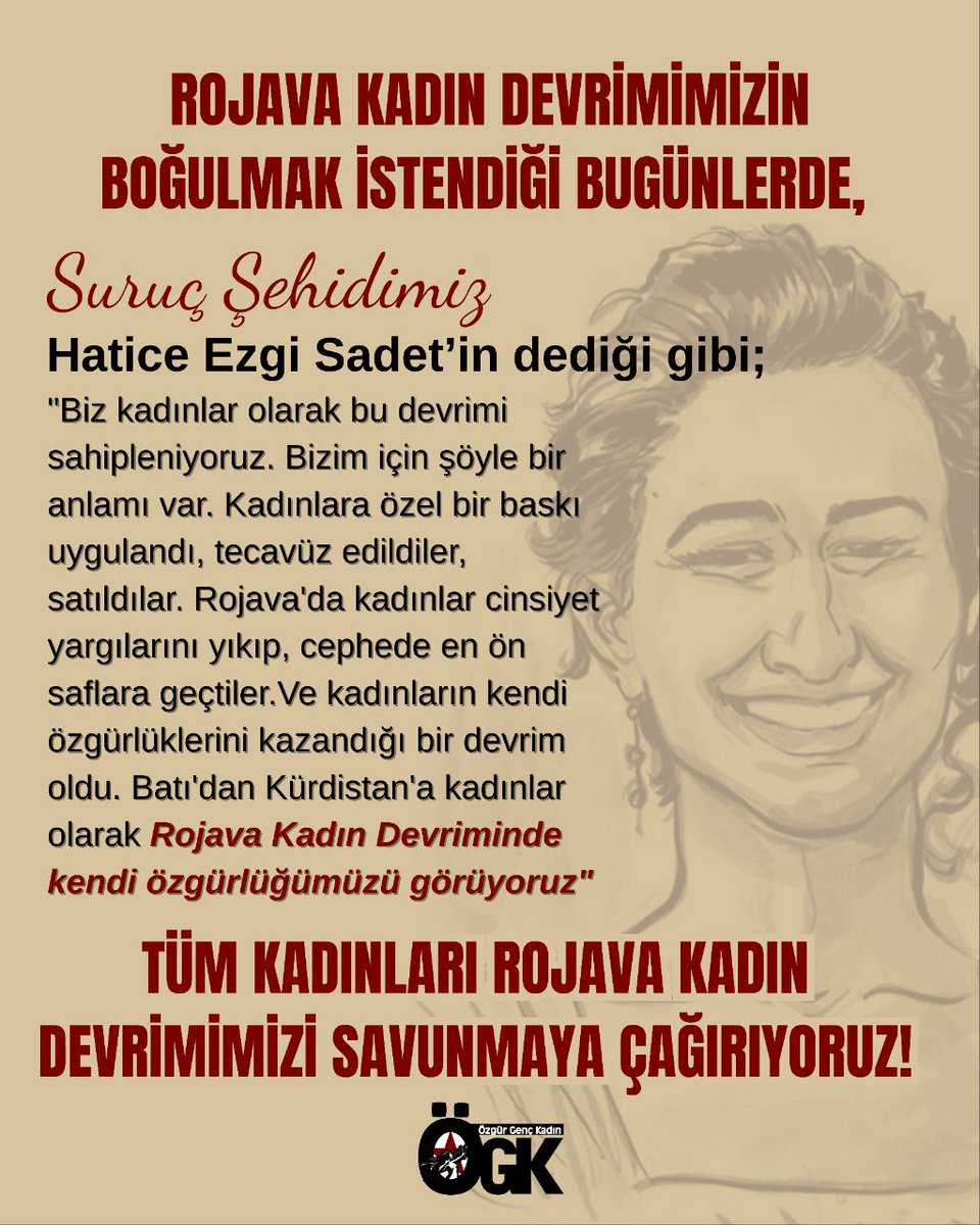 Dün Hatice Ezgi Sadet'in dediği gibi: Rojava Kadın Devriminde kendi özgürlüğümüzü görüyoruz. 

Rojava kadın devrimimizin boğulmak istendiği bugünlerde tüm kadınları sokaklara, devrimimizi savunmaya çağırıyoruz!

#DefendRojava
#KobaneUnderAttack