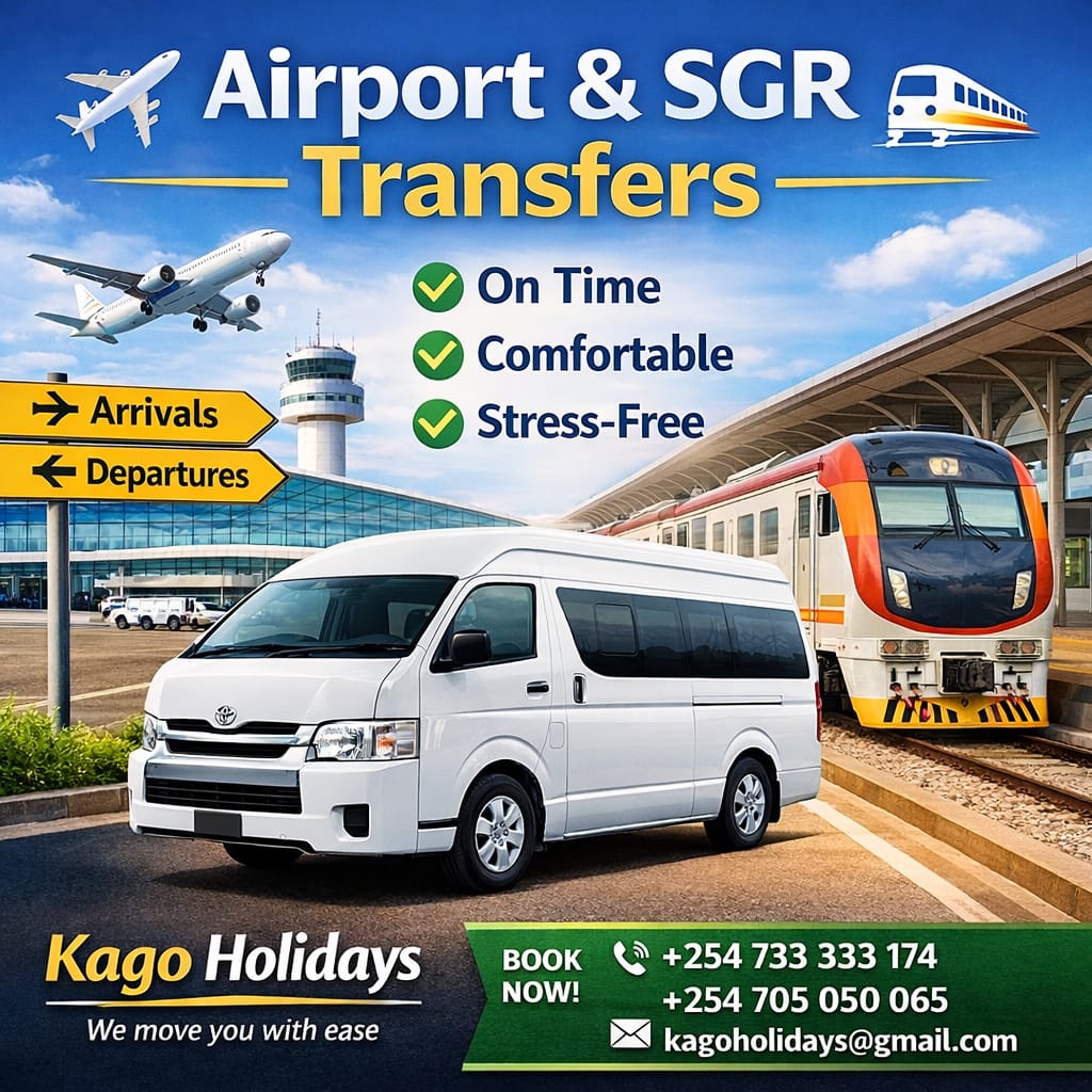 Travel plans sorted from start to finish ✨
Landing at the airport or arriving via SGR?
🚗 Kago Holidays handles your transfers smoothly and safely.
Sit back, relax, and enjoy the ride
 DM us to book in advance