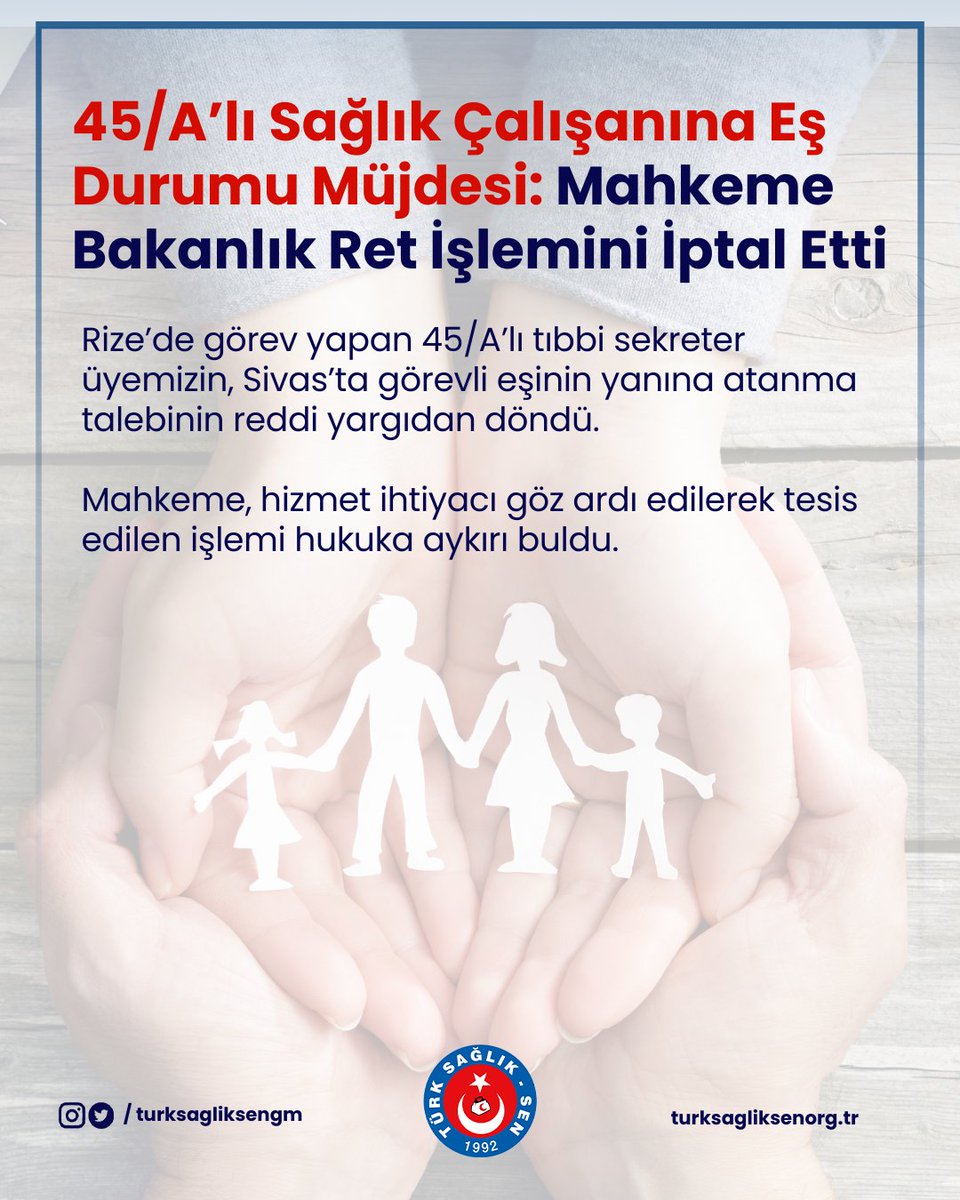 turksagliksengm's tweet photo. 45/A’lı Sağlık Çalışanına Eş Durumu Müjdesi: Mahkeme Bakanlık Ret İşlemini İptal Etti
https://t.co/UKvvFQTSsM https://t.co/75yLHEkRlL