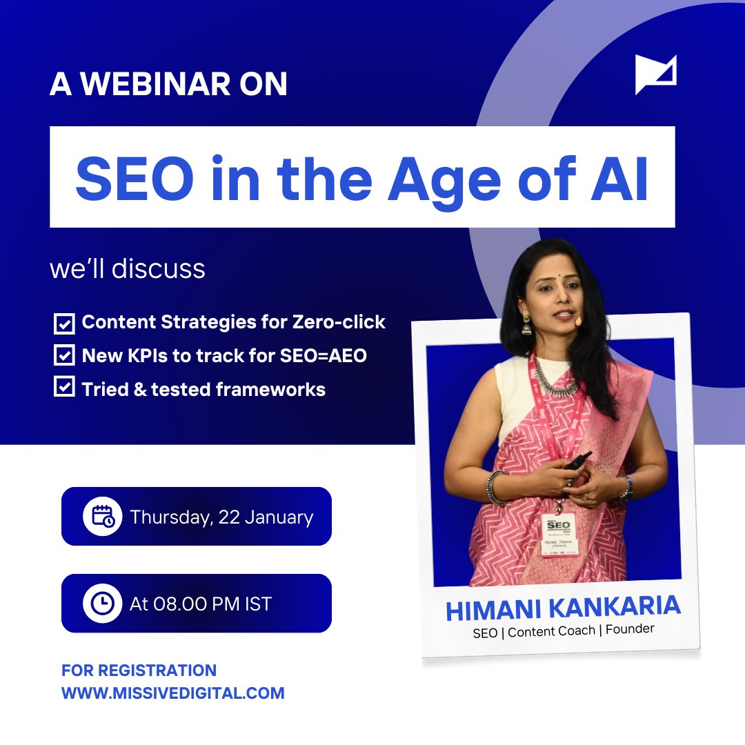 If AI SERPs and zero-click searches are confusing you, this webinar will clear the noise.

SEO in the Age of AI a practical session with content expert <a href="/himani_kankaria/">Himani Kankaria</a> 

Register now : missivedigital.com/resources/seo-…