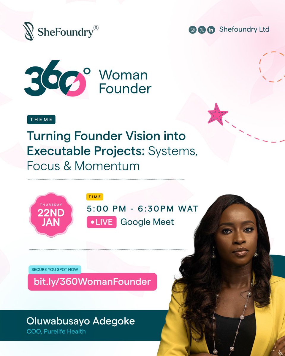 Happy New Year once again, SheFounders ✨

We’re thrilled to announce our first webinar of the year:
Turning Founder Vision into Executable Projects

Join us on Thursday, 22nd January 2026:

🔗 Register here:

bit.ly/360WomanFounder