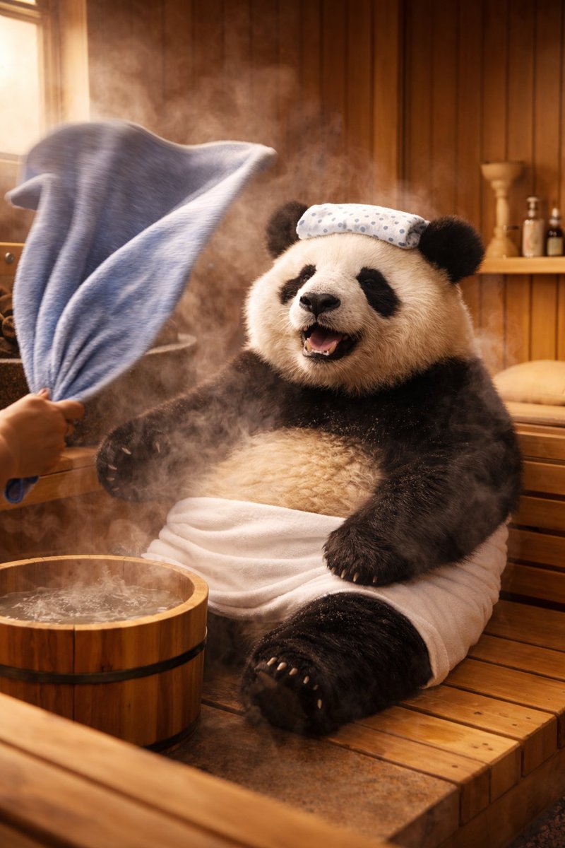 サ活パンダ ChatGPTに画像を作ってもらった。 ①サ活をするパンダ ②