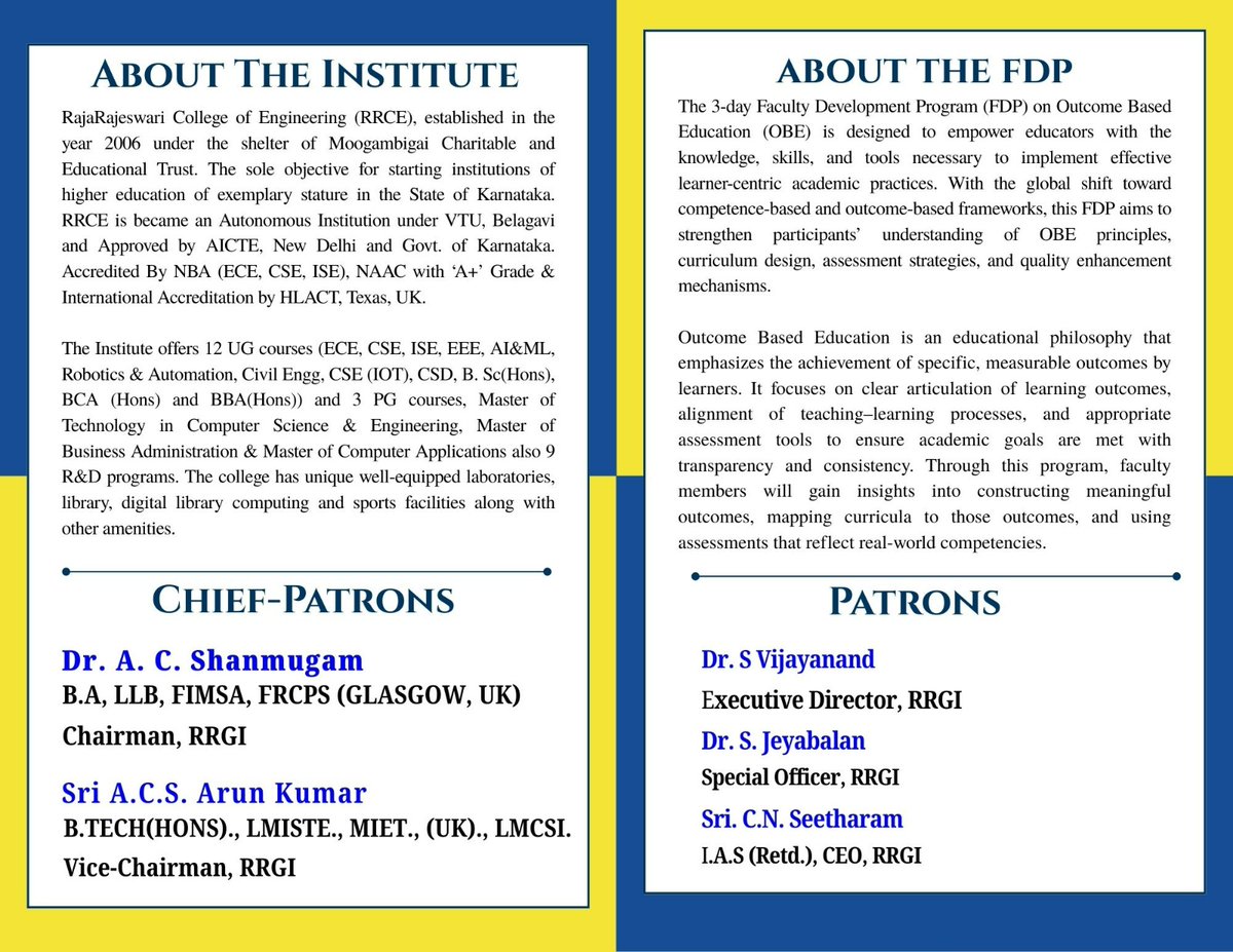 rrceblr's tweet image. 🎓✨ Faculty Development Program @ RRCE ✨🎓
RRCE is hosting a 3-day FDP on “Outcome-Based Education” from 22–24 Jan 2026 to enhance teaching–learning practices and academic quality through OBE. Join us in advancing academic excellence.
#RRCE #FDP #OutcomeBasedEducation