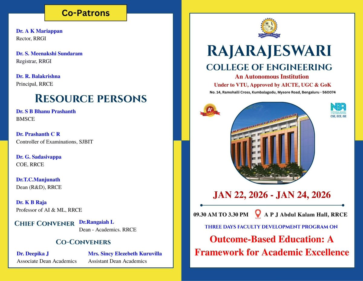 rrceblr's tweet image. 🎓✨ Faculty Development Program @ RRCE ✨🎓
RRCE is hosting a 3-day FDP on “Outcome-Based Education” from 22–24 Jan 2026 to enhance teaching–learning practices and academic quality through OBE. Join us in advancing academic excellence.
#RRCE #FDP #OutcomeBasedEducation