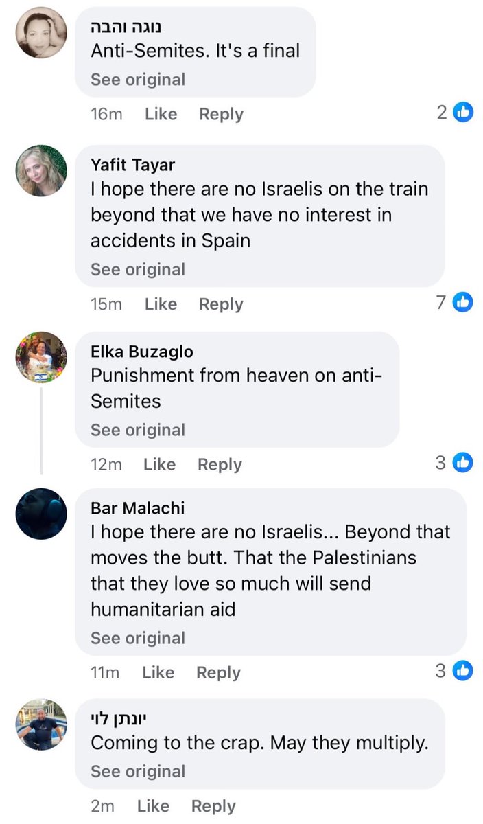 En Israel, miles de usuarios celebran la tragedia del tren en Adamuz.

Basta con entrar en los comentarios de los medios israelíes que publican sobre la noticia y lo veis.

Nos odian hasta la última fibra.