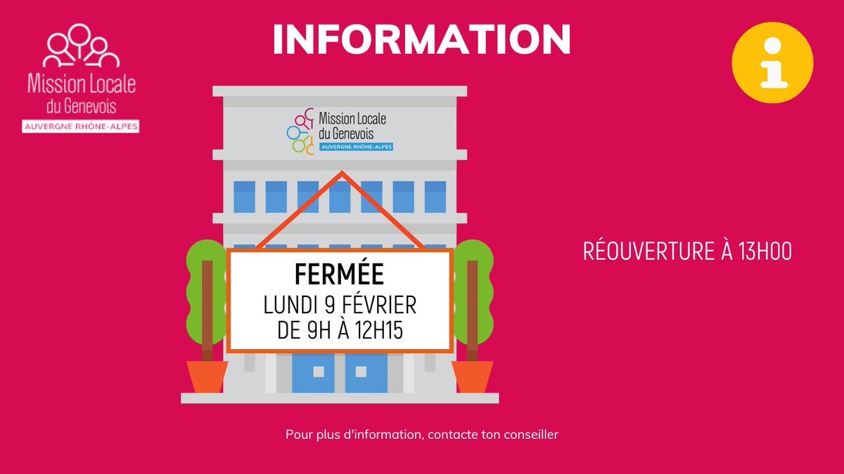 ℹ️ Info
Les sites de la Mission Locale du Genevois seront fermés
📅 lundi 9 février
⏰ de 9h à 12h15
👉 Réouverture à 13h00
Merci de votre compréhension.
#MissionLocale