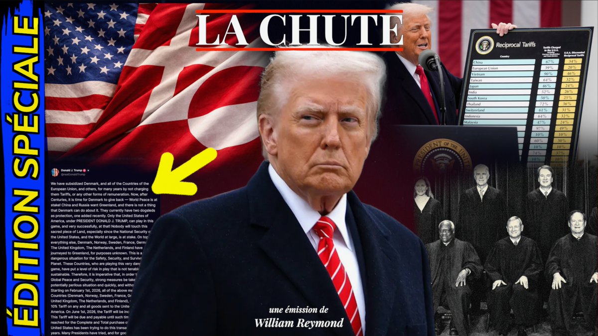 WilliamReymond's tweet image. 🚨🚨 Rendez-vous à 15h45-9h45 pour une ÉDITION SPÉCIALE

- La Cour Suprême va-t-elle trancher sur la légalité des frais douaniers de Trump et le priver d'une arme contre l'Europe ?

- Sondage : Trump, un an de chaos

- Groenland : la vraie raison de l'obsession de Trump

Lien 👇