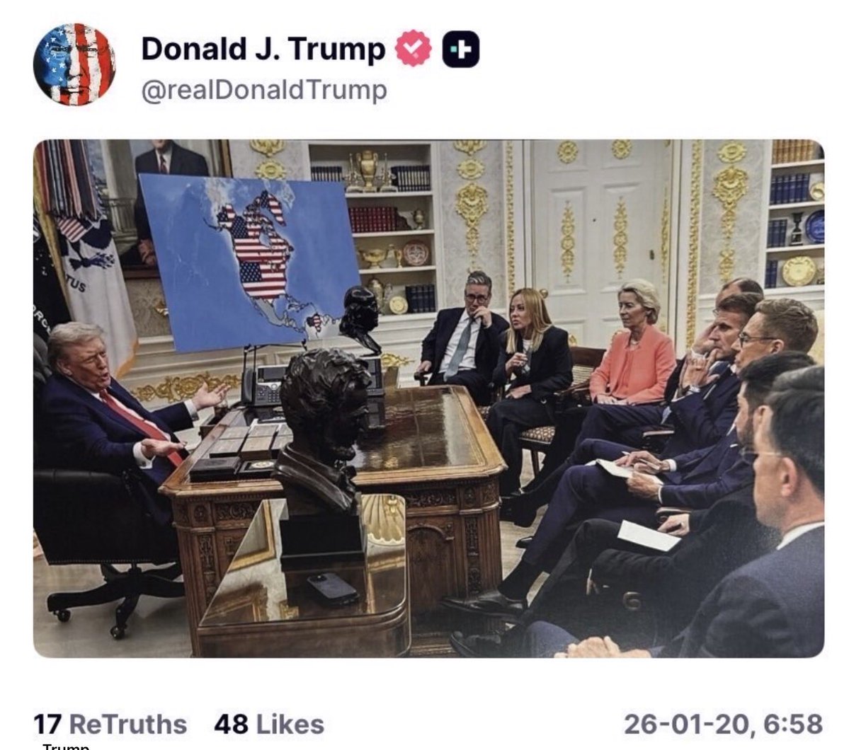 IAPonomarenko's tweet image. Well, here’s essentially an answer to everything.

If blackmail and threats work, and you can just go and snatch Greenland, then why not keep going with Ontario? Quebec? British Columbia? Iceland? Bermuda?

They’re all incredibly necessary so that Donald Trump can slap his name…