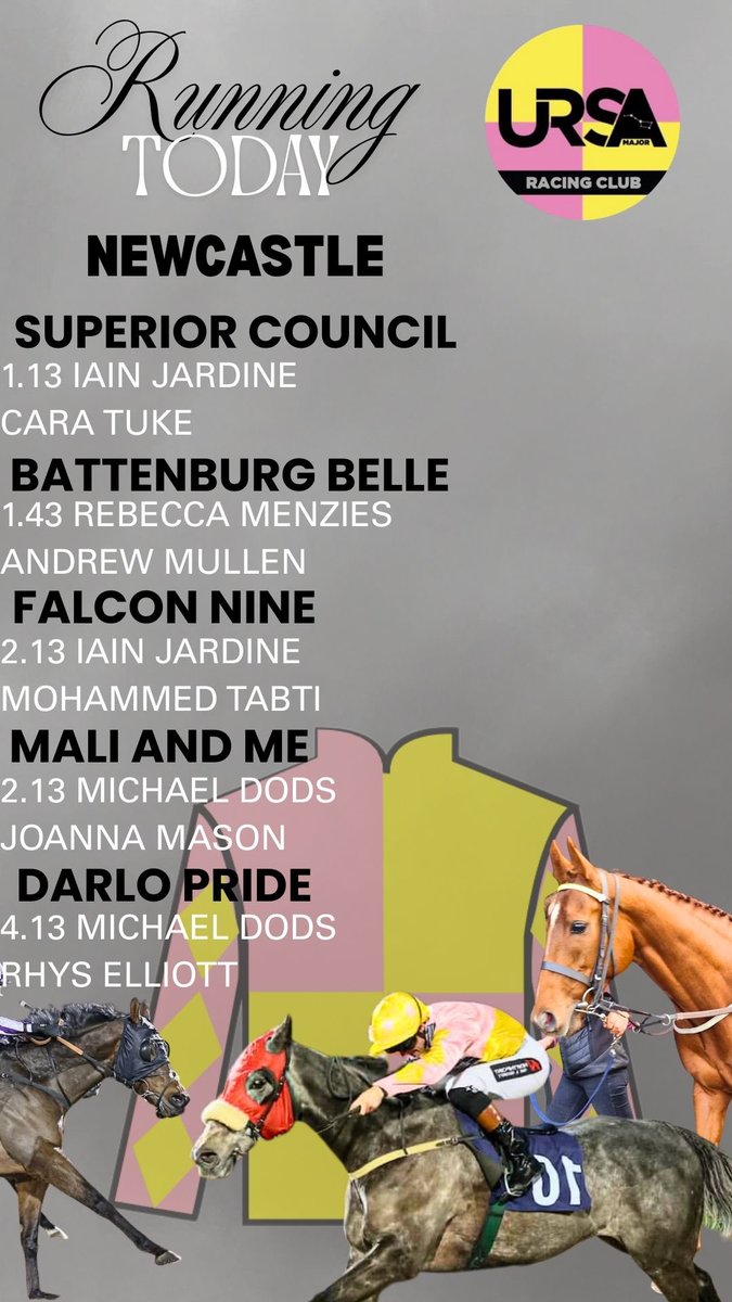 A busy day today <a href="/NewcastleRaces/">Newcastle Racecourse</a> with five runners.

Superior Council <a href="/jardineracing/">Iain Jardine Racing</a> 
Battenburg Belle <a href="/RebeccaEMenzies/">Rebecca Menzies Racing</a> 
Falcon Nine
Mali and Me <a href="/mdodsracing/">Michael Dods Racing</a> 
Darlo Pride 

Good luck everyone🤞🏼