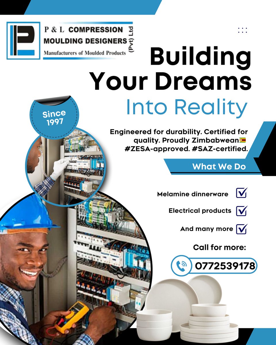 Compressio8398's tweet photo. Since 1997, we’ve delivered certified, Zimbabwean-made solutions  from melamine dinner set to electrical components  trusted for their strength, precision, and durability.
#zesa https://t.co/guIrWMGufO