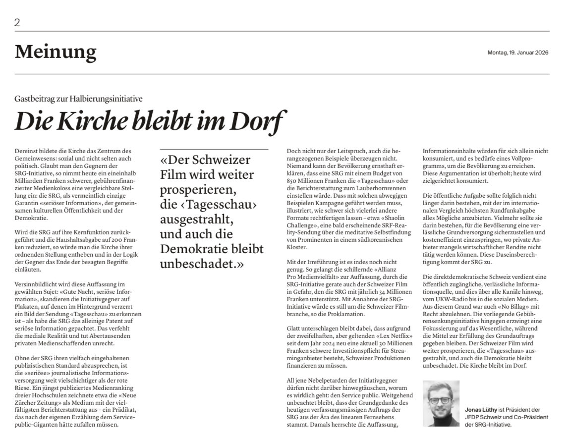 jonasluethy's tweet photo. Entgegen vielerlei Behauptungen zwingt die Gebührensenkungs-Initiative die SRG zur Fokussierung auf das Wesentliche, während die Mittel zur Erfüllung des Grundauftrags gegeben bleiben.

Gastkommentar zur @SRGInitiative für die Zeitungen von CH Media: https://t.co/Vvnngn6A6N https://t.co/3kFBW90yhj