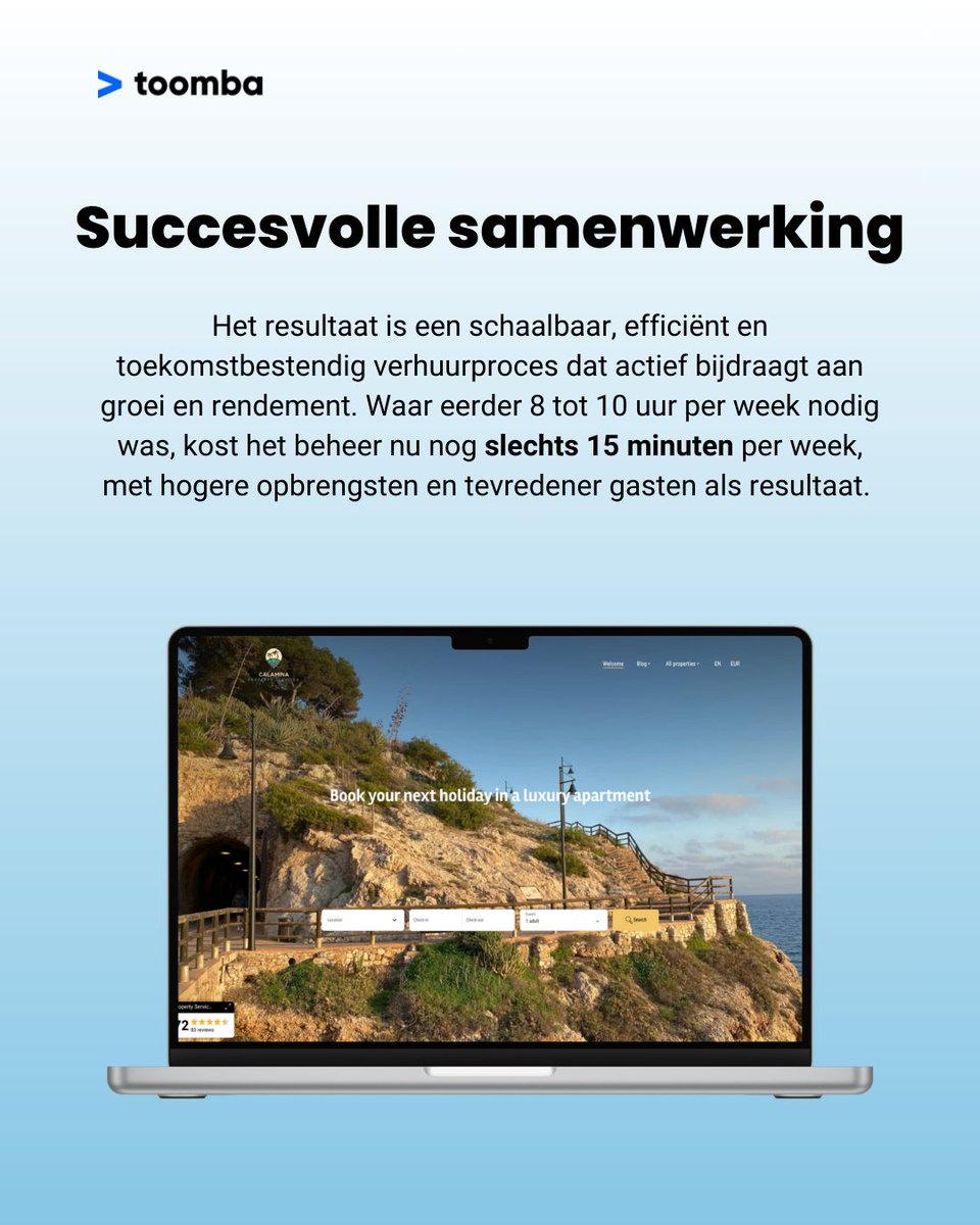 Vakantieverhuur met AI automatiseren
Dankzij AI-gestuurde prijsbepaling, communicatie en optimalisatie kost het beheer nog maar 15 minuten per week, met hogere opbrengsten en tevredener gasten als resultaat.

👉 toomba.com/nl/case/automa…

#AI #DigitalAgency #Automatisering