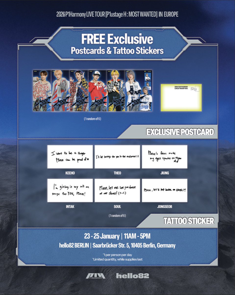 hello82BERLIN's tweet image. Check out these EXcellent FREEBIES!
P1Harmony Tour Merch POP-UP is calling your name, so don't miss out! 😎

🗓️ 23 - 25 January I 11AM - 5PM
📍 @hello82BERLIN

@P1H_official
#P1Harmony #P1ustage_H #MOST_WANTED #hello82BERLIN #hello82PRESENTS