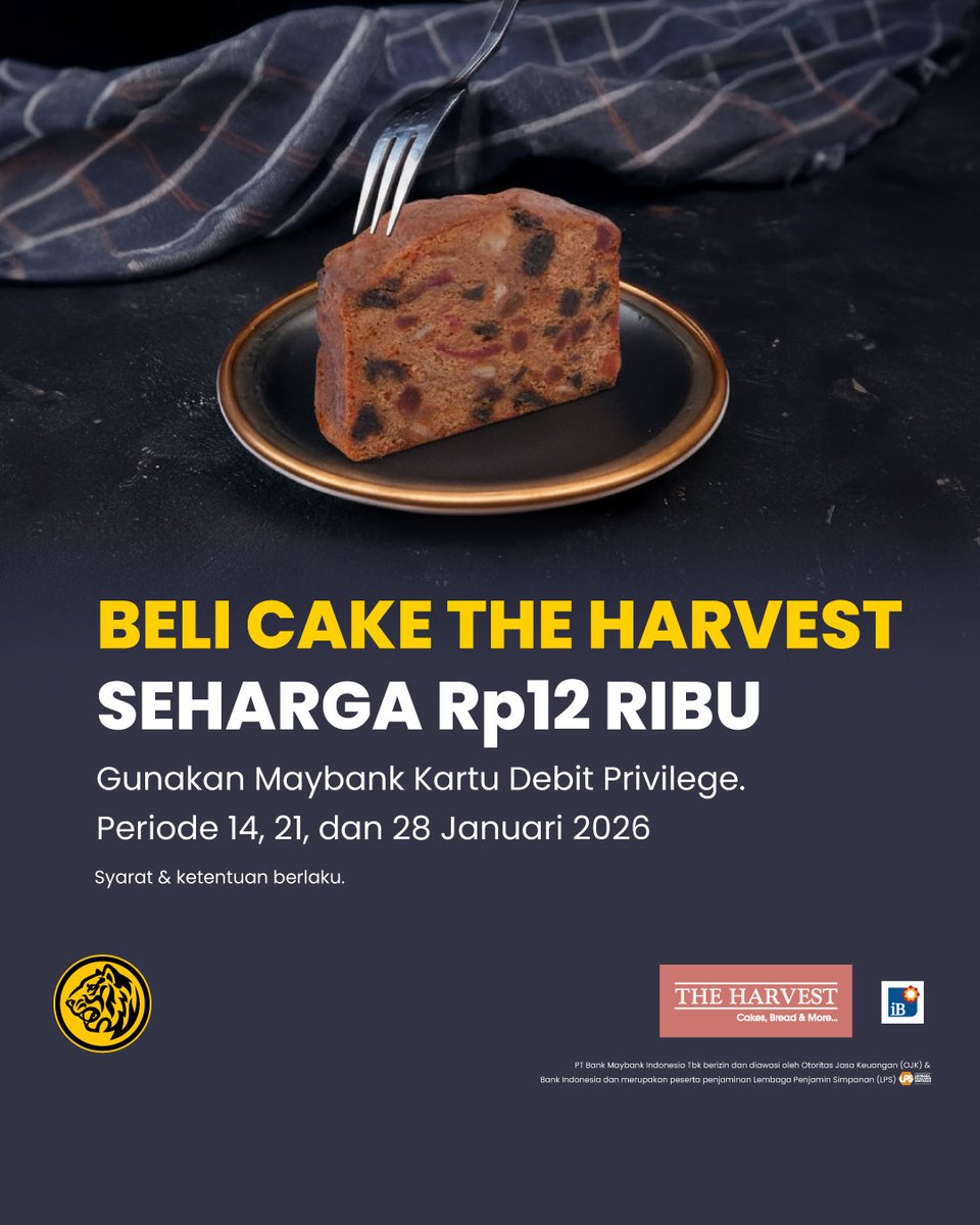 Nikmati perpaduan otentik aroma rempah yang lembut dan manis alami English Fruit Slice Cake The Harvest hanya Rp12 ribu pada hari Rabu dengan Maybank Kartu Debit Privilege.

Periode 7, 14, 21, dan 28 Januari 2026

Info: maybank.co.id/TheHarvestJan

Syarat dan ketentuan berlaku