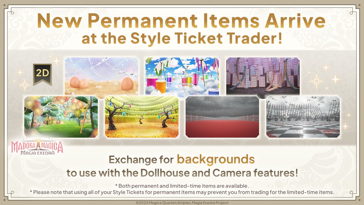 madoka_exedraEN's tweet image. ✧━━━━━━━━━━━━━✧
　New Permanent Items Arrive
　  at the Style Ticket Trader!
✧━━━━━━━━━━━━━✧
Oriko Magica items have been newly added!
Backgrounds that appear in the "Next Act: In Search of an Ordinary Life" event such as the Needle Witch Labyrinth…
