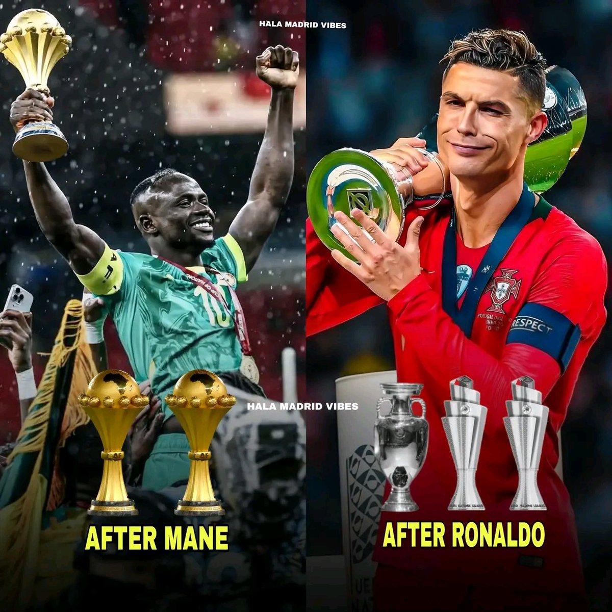 Portugal before Ronaldo: 0 trophies
Portugal after Ronaldo: 3 trophies

Senegal before Mane: 0 trophies
Senegal after Mane: 2 trophies

Impact 🔥