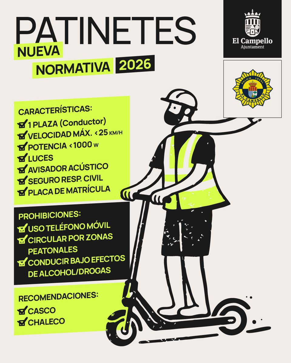 ElCampelloAyto's tweet image. 🛴 Patinetes eléctricos | Normativa 2026
✅ Máx. 25 km/h · luces · seguro · matrícula
🚫 Móvil · peatones · alcohol/drogas
⚠️ Casco y chaleco recomendados

👉 Respeta la normativa. Tu vida es lo primero. boe.es/boe/dias/2022/…