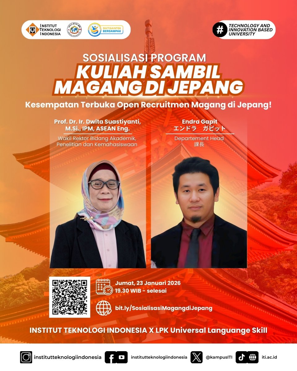 Kuliah sambil magang di Jepang kini terbuka untuk mahasiswa ITI. Dapatkan pengalaman akademik dan kerja internasional sekaligus.
Ikuti Sosialisasi Program
Jumat, 23 Januari 2026 | 19.30 WIB
Daftar: bit.ly/SosialisasiMag…