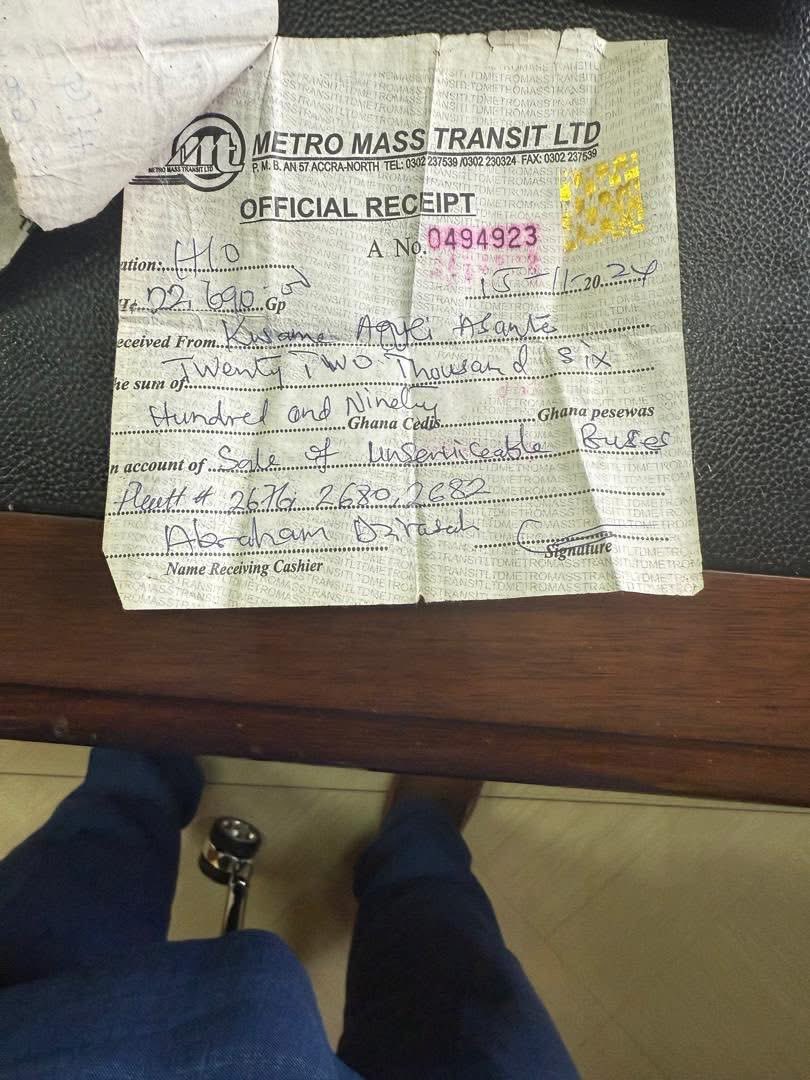 Receipt from Metro Mass Transport of proof of selling of metro mass buses for GHS25000