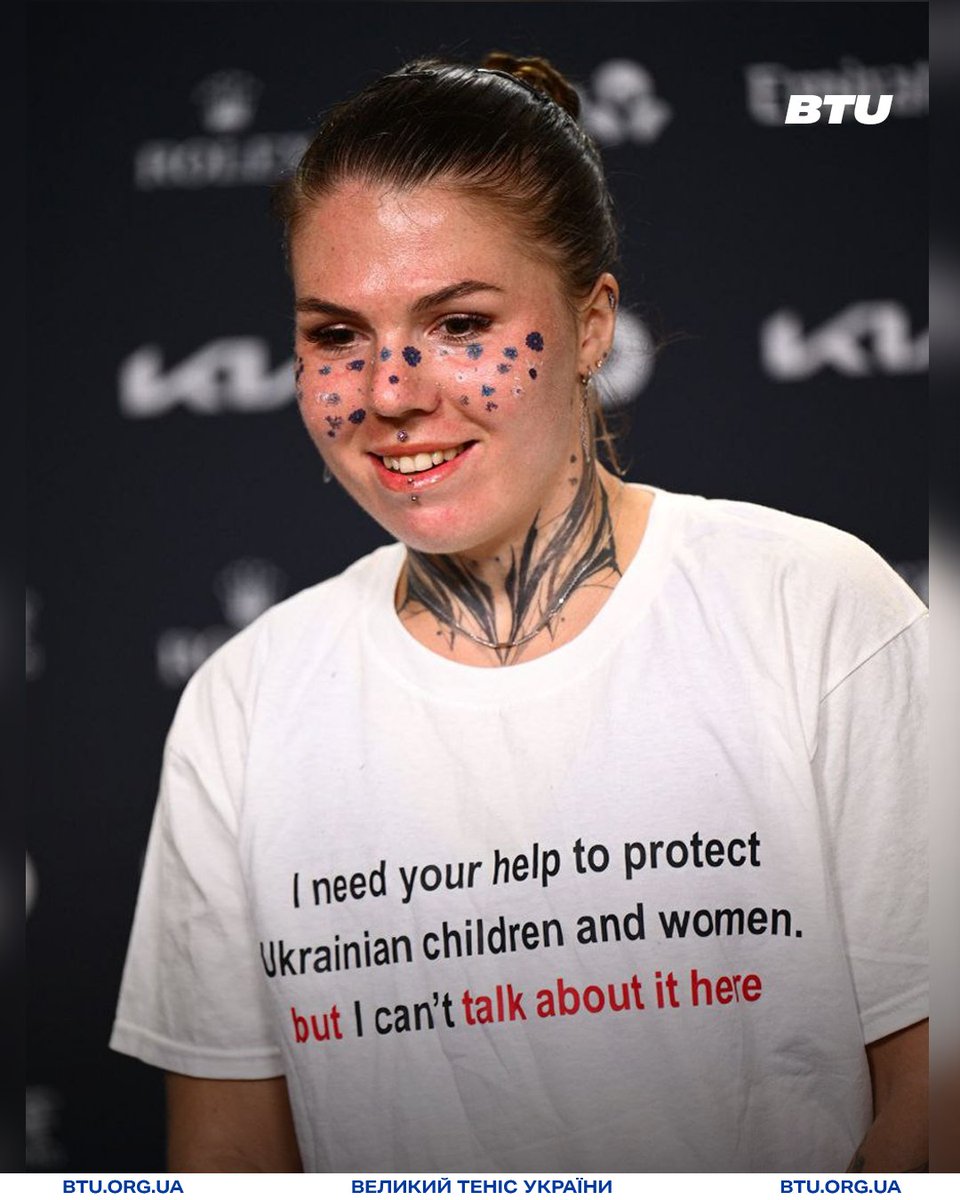 🇺🇦Oleksandra Oliynykova at the press conference after her first-round match at the Australian Open against defending champion 🇺🇸Madison Keys.

The message on her T-shirt reads:

“I need your help to protect Ukrainian children and women, but I can’t talk about it here.”