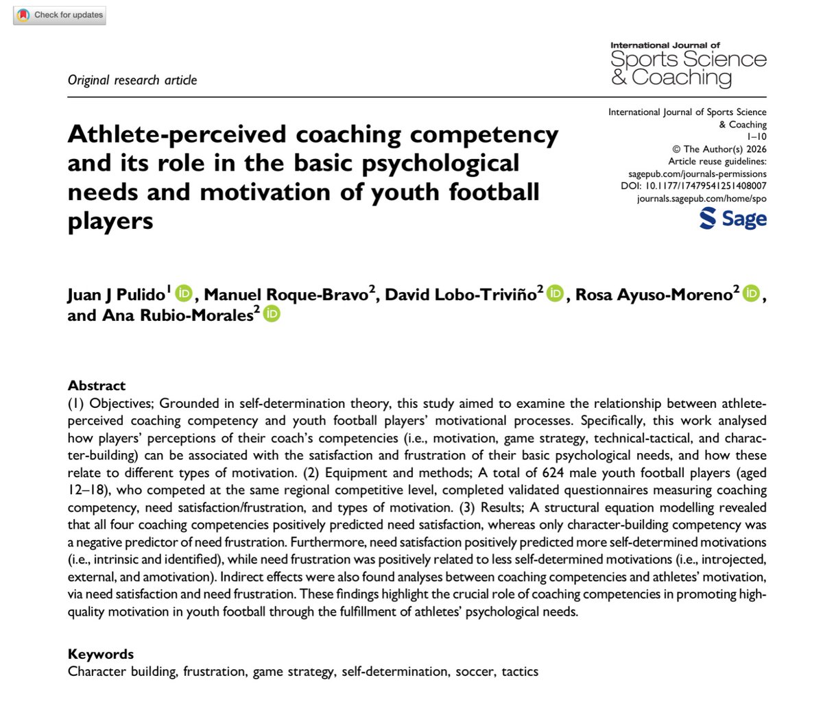 📢 ¡NUEVO ARTÍCULO PUBLICADO! 

📚 International Journal of Sports Science &amp; Coaching 

"Athlete-perceived coaching competency and its role in the basic psychological needs and motivation of youth football players" 

🔗doi.org/10.1177/174795…

🧵👇