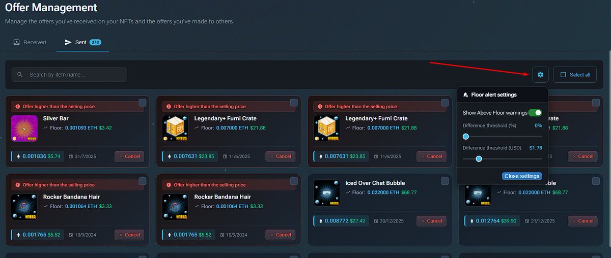 🚀 New Update Live!

🔔 Sent Offers now alert you when an offer is above floor, with configurable alerts.
🎨 Visual improvements to both Sent and Received Offers for a cleaner experience.
We recommend checking your offers 👀
Feedback welcome! ✨