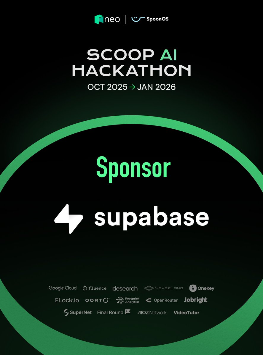 SpoonOS_ai's tweet image. 🎉 Welcome @supabase, a sponsor of the Scoop AI Hackathon: Tokyo Bowl!    

Co-hosted by @Neo_Blockchain and SpoonOS, the hackathon explores how AI and blockchain can come together to build a more transparent, efficient, and inclusive foundation for the Sentient Economy.