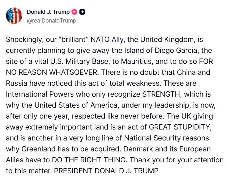 Haggis_UK's tweet image. Trump on the Chagos Islands deal February 2025:

"I have a feeling it's going to work out very well... I think we'll be inclined to go along with your country.."
