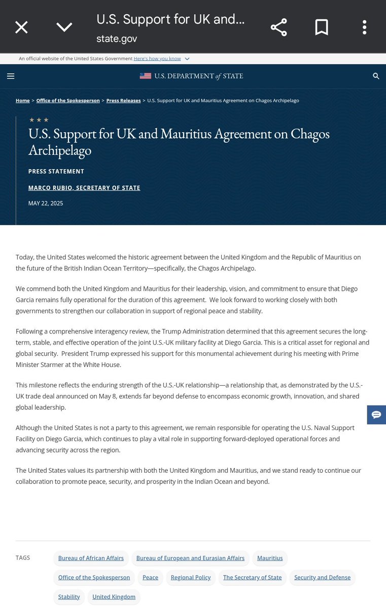 <a href="/pritipatel/">Priti Patel MP</a> Priti Patel, you are talking about negotiations that started under the Conservative Government and were supported by the US Government in May 2025.

Stop dancing to the tune of Trump. He is unreliable.

Chagos briefing:
commonslibrary.parliament.uk/research-brief…

US support:
state.gov/u-s-support-fo…