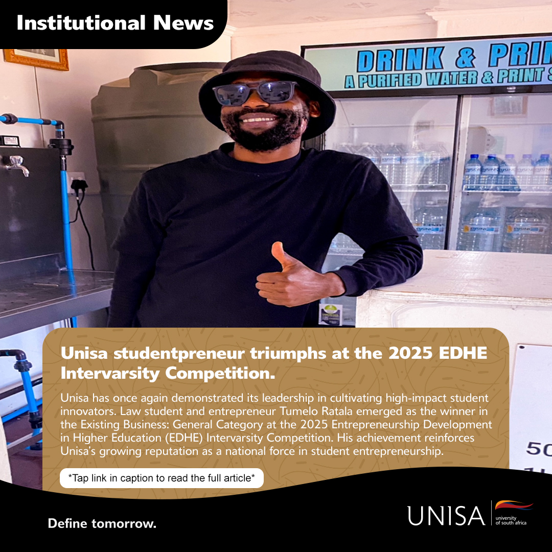 unisa's tweet photo. Unisa celebrates a major victory as studentpreneur Tumelo Ratala claims top honours at the 2025 EDHE Intervarsity Competition, reaffirming the university's rising dominance in student innovation.  

https://t.co/scFYkB2sUC 

#Unisa150andBeyond https://t.co/Qgn4pOh5wN