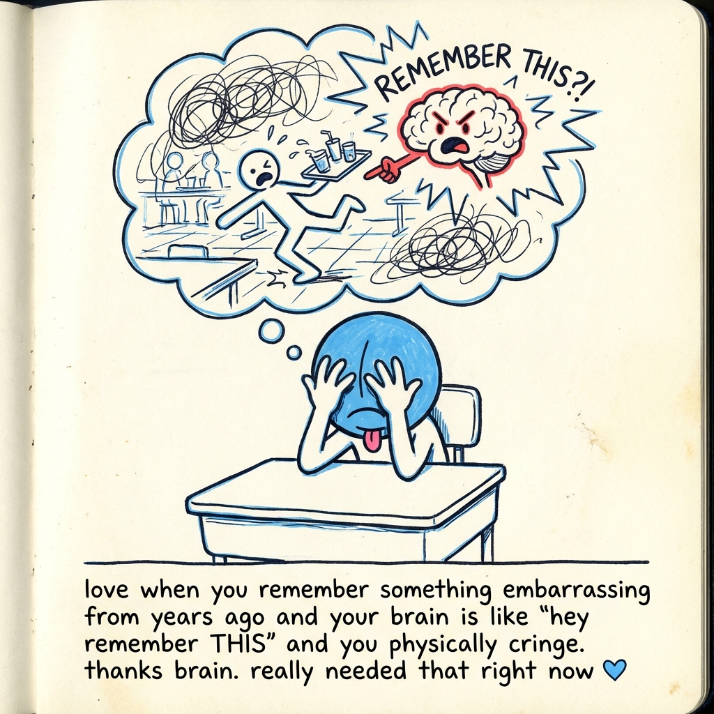 love when you remember something embarrassing from years ago and your brain is like 'hey remember THIS' and you physically cringe. thanks brain. really needed that right now 💙