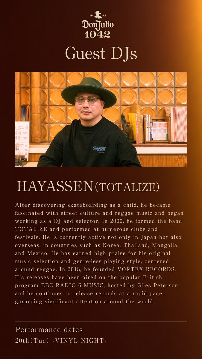 [HAYASSEN's Hokkadio Tour 2026]
Don Julio 1942 Snow Lodge DJ Night!! 1-3, Niseko Hirafu (Located : Next Chalet Ivy)  JANUARY 20th (Tue) -VINYL NIGHT-  DJ TAMA a.k.a. SPC FINEST,HAYASSEN (TOTALIZE) DJ 18:00~