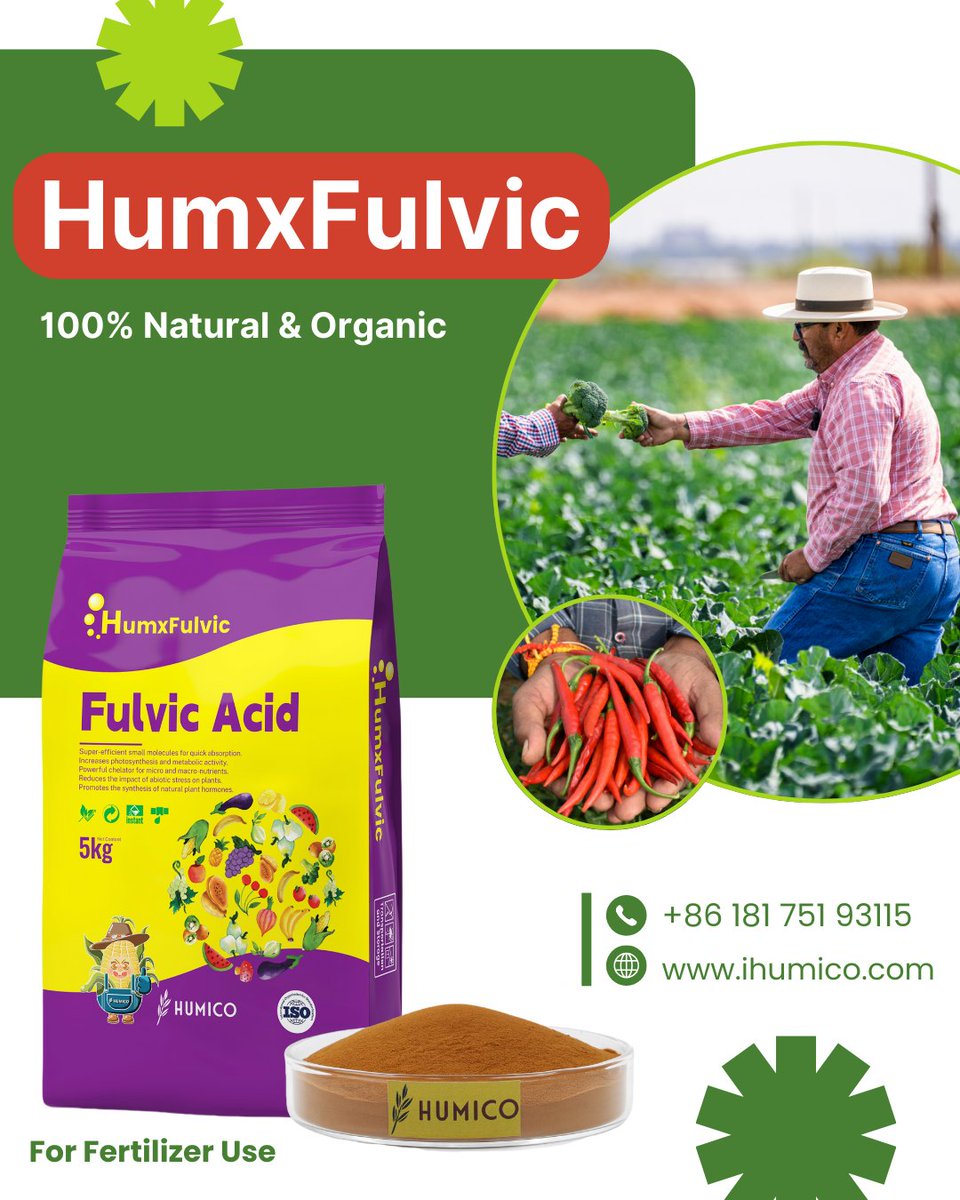 iHUMICO's tweet photo. #HumxFulvic (Bio Fulvic Acid Powder), 100% Natural &amp; #Organic !
پودر اسید فولویک زیستی
Fulvic Acid (dry basis): 95%/90%/70%/50%
Appearance: Yellow Powder
Water solubility: 100%
Size: 80-100mesh
Moisture: 5%max
PH: 5-7 
https://t.co/Ix0J1D4UbM

#Crops #Humico #FulvicAcid https://t.co/ECKX4DFye7