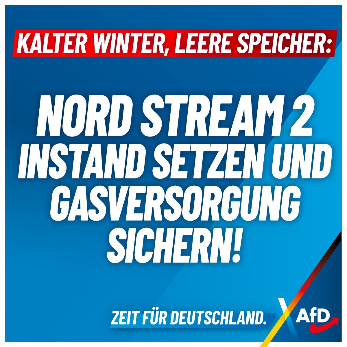 AfD's tweet image. Unentschlossenheit der Regierung gefährdet unsere Zukunft. Die AfD steht für klare Kante: Nord Stream 2 reparieren, Beziehungen zu Russland normalisieren.