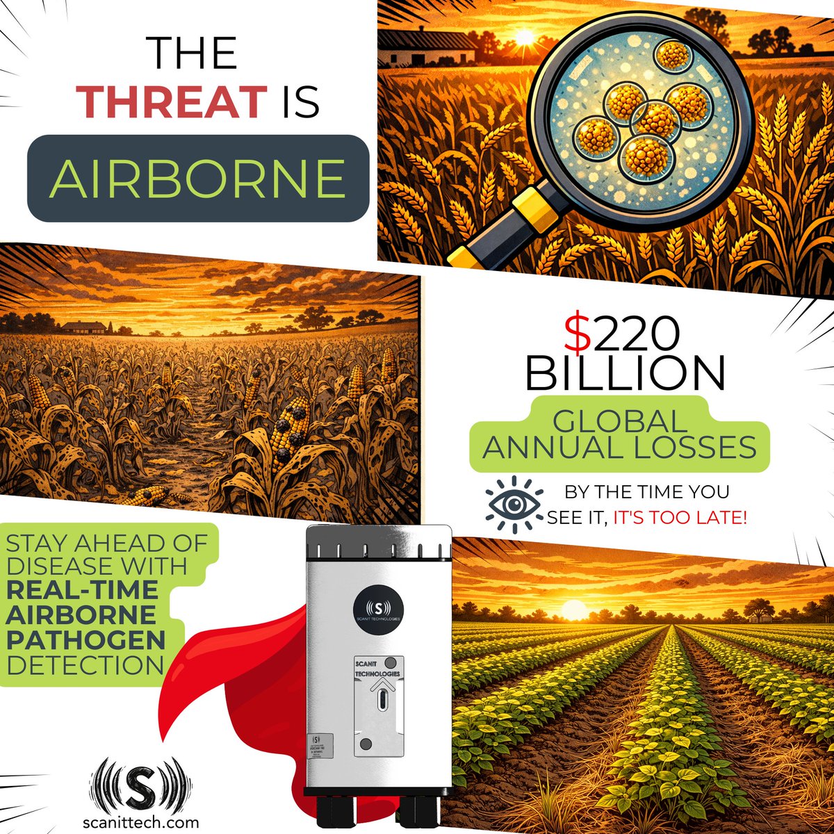 🌱 Can you scout the air? 🌬️ Plant pathogens lead to 40% yield losses $220B annually!💵
🛡️ <a href="/Scanittech/">Scanit Technologies, Inc.</a> detects airborne disease early, enabling timely fungicide use.⏰
💬 What’s your top concern this season?
👇 Discover real-time detection: scanittech.com/how-it-works
#Agriculture