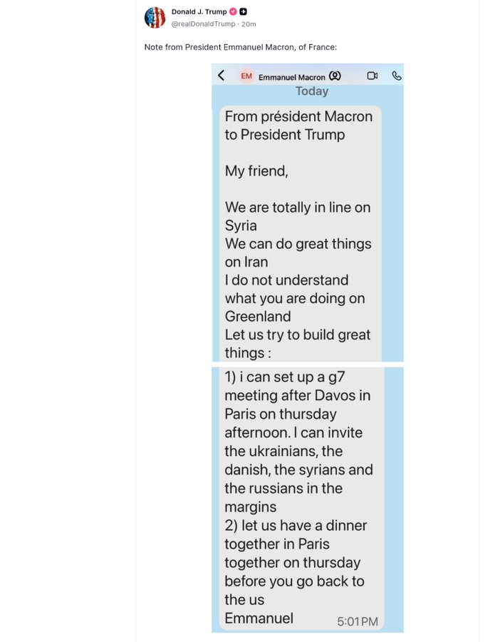 🚨🇺🇸🇫🇷 FLASH | Vexé par son REFUS de REJOINDRE le "Conseil de la paix" pour Gaza, Donald Trump publie un message qu’il affirme avoir reçu d’Emmanuel Macron : "Mon ami. Nous sommes totalement alignés sur la Syrie. Nous pouvons faire de grandes choses sur l’Iran. Je ne comprends